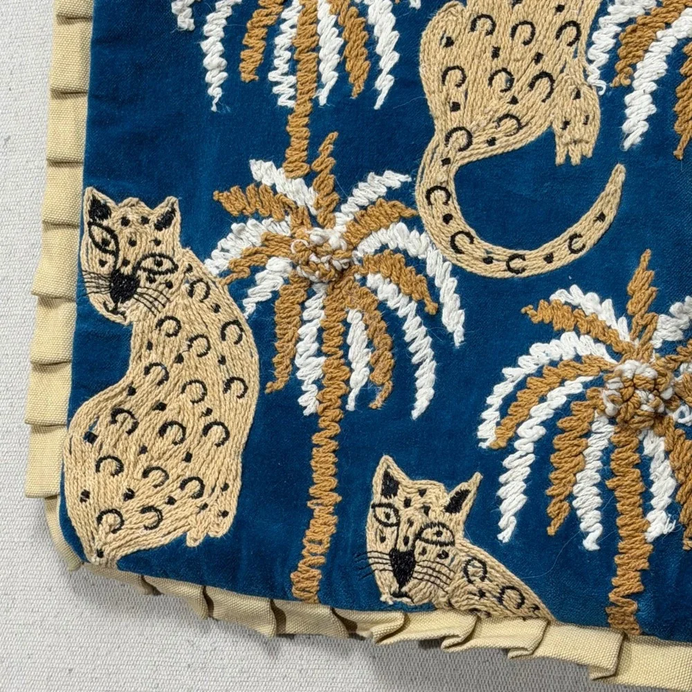 Leopard Palm Tree Pillow Covers Pair Blue Velvet Embroidered Maximalist 12x20
